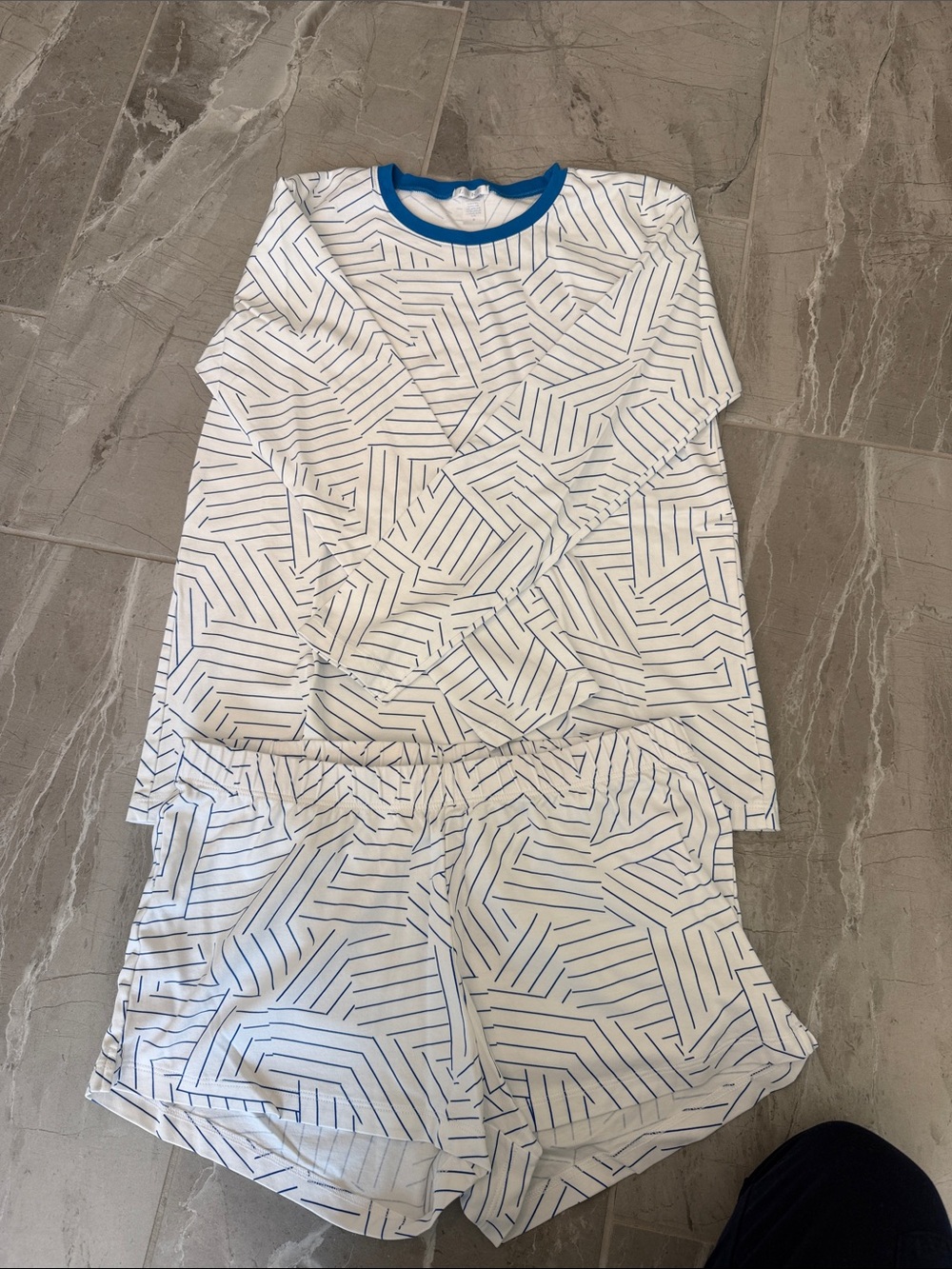 Women’s LAKE Long Sleeve & Short Pajama Set - White with Blue Trim